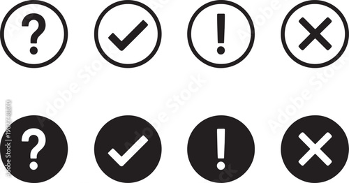 Set of circle icons with question mark, check mark, exclamation mark and cross symbol