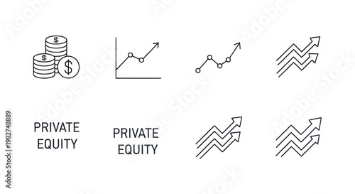 Private Equity Investment Growth Icons: Coins, Charts, Arrows