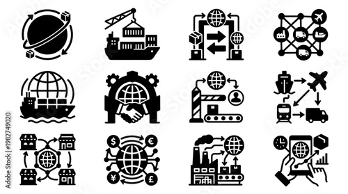 Vector Icon Set Featuring Global Connectivity Network and Digital Technology Symbols