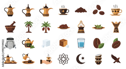 Arabic Coffee & Dates Icons: Dallah, Cup, Beans, Palm, Mortar, Incense, Moslem Symbols