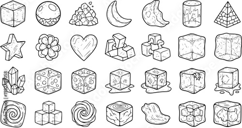 Black and White Line Art Icons: Ice Cubes, Crystals, Geometric Shapes, and Food Elements for Gaming and Design