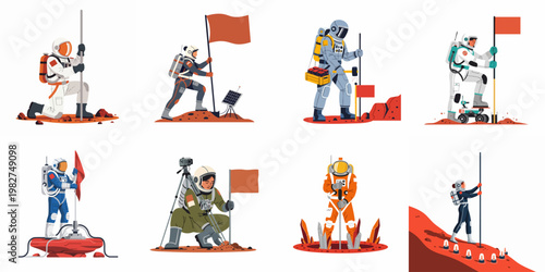 Collection of flat illustrations depicting astronauts exploring and conducting scientific research on the surface of planet Mars.
