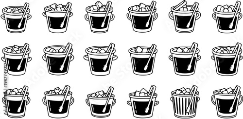 Black and White Line Art Icon Set of Ice Buckets with Tongs, Food and Beverage, Barware