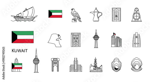 Kuwait Landmarks and Symbols: Dhow, Flag, Falcon, Buildings, Towers, and Map