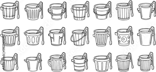 Black and White Line Art of Various Buckets with Tongs for Ice or Drinks