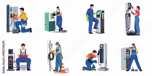 Set of professional electricians and technicians installing and repairing electric vehicle charging stations and electrical panels in flat vector style.