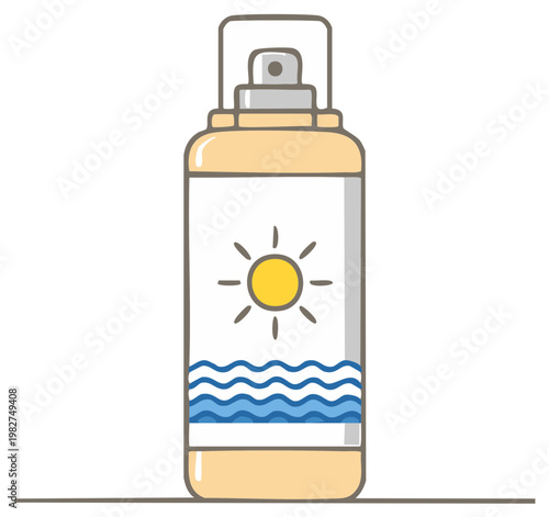 Sunscreen spray bottle illustration with a sun and waves label for summer skincare and UV protection