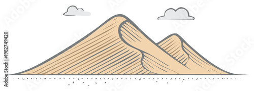 Hand-drawn illustration of sand dunes with sparse clouds in a desert landscape