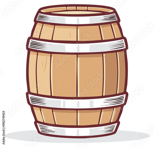 Traditional wooden barrel with metal bands isolated on white cartoon illustration