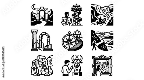 Collection of Adventure Icons Featuring Exploration and Discovery Symbols
