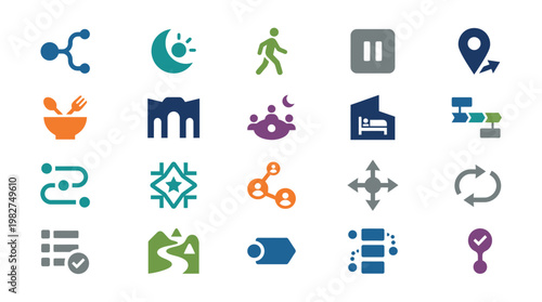 Set of Modern Icons Covering Communication, Technology, and Lifestyle Elements in Flat Style