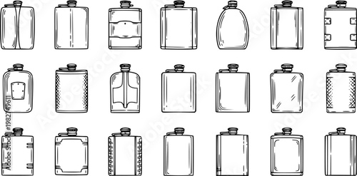 Black and White Line Art Collection of Various Flask Styles on White Background