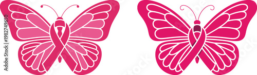 Breast cancer awareness pink ribbon butterfly, butterfly wings awareness ribbon vector icon, pink ribbon butterfly for hope and support,