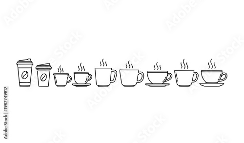 Minimal coffee cup and tea icon collection with outline mugs and takeaway cups in thin line style