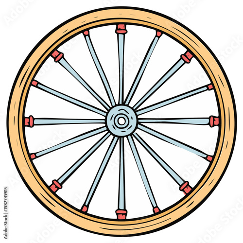 Vibrant vector illustration of a classic wooden wagon wheel with spokes and hub design