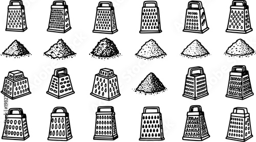 Food  Kitchen Hand-Drawn Vector Line Art Icons: Collection of Graters and Grated Ingredient Piles for Cooking and Food Preparation Industry