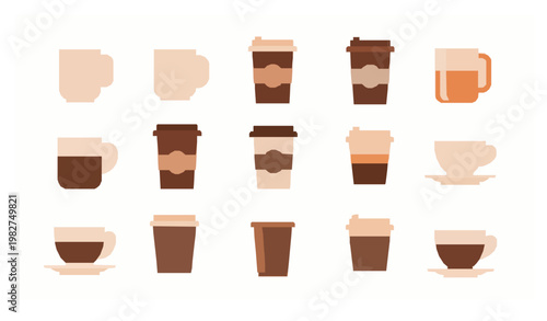Coffee and tea cup icon set with mug takeaway and espresso cup symbols in flat design for cafe and beverage themes