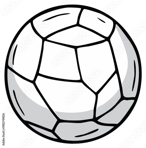 Soccer ball illustration with black line art, white and gray polygon pattern for sport, game design, and kids materials.