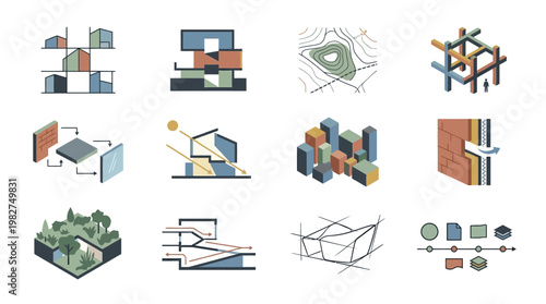 Icons Set of Abstract Building Blocks and 3D Structural Elements for Architecture Design