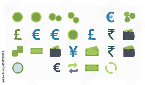 Money and currency exchange icon set with dollar euro and financial symbols in flat design for banking and finance