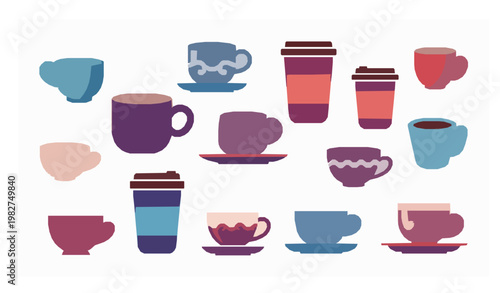 Colorful coffee and tea cup icon set with gradient mugs and takeaway drink symbols for modern cafe design