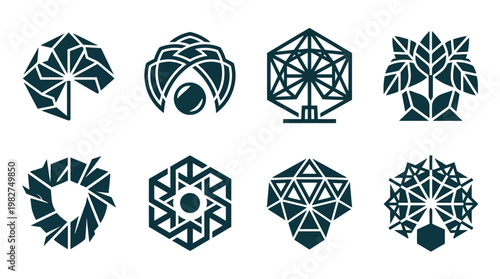 Vector Icon Set of Christmas and Holiday Symbols with Snowflakes and Pine Trees