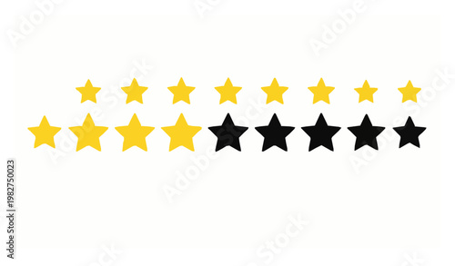 Five star rating icon set with yellow and black stars in flat design for review and feedback system