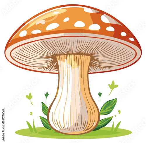 A vibrant orange and white spotted toadstool illustration with detailed gills in a cute, whimsical cartoon style