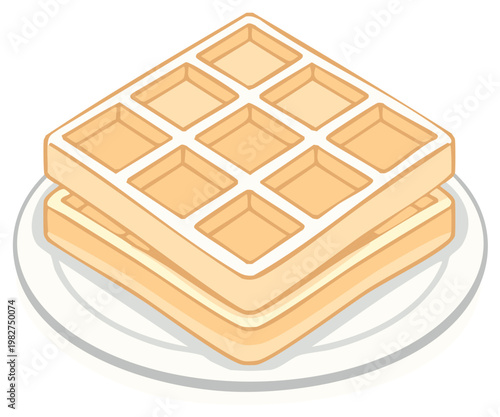 Two golden waffles stacked on a plate, dessert food illustration, cartoonish style