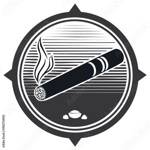 Burning cigar with smoke and embers in a circular emblem design