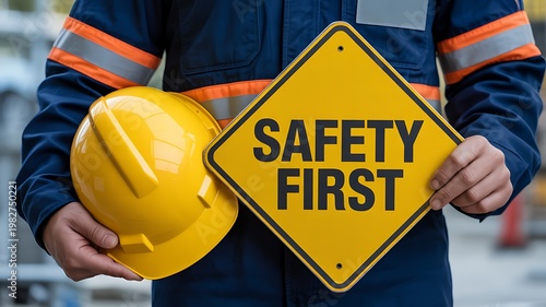 Worker holding safety first sign with helmet in industrial workplace environment