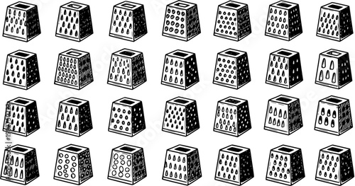 Food and Kitchen Tools Seamless Pattern with Hand Drawn Black and White Line Art Box Graters. Cooking Utensils Background for Culinary Designs.