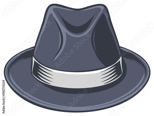Stylized gray fedora hat with white band illustration, classic design for retro style, theatrical wear or fashionable statement