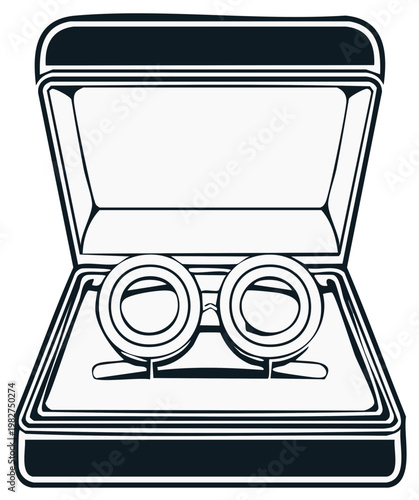 Elegant black and white line art of classic opera glasses in an open display case