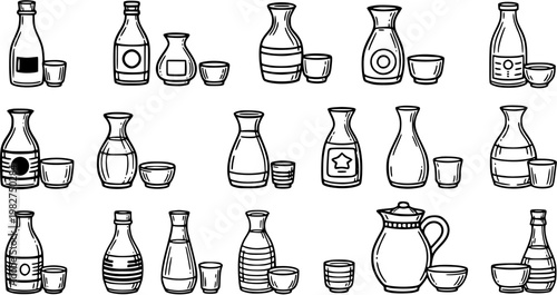 Japanese Sake Bottles and Cups Line Art Illustration Set. Hand-drawn Tokkuri, Ochoko, and Drink Pitchers in Black and White Outline Style for Food  Beverage.