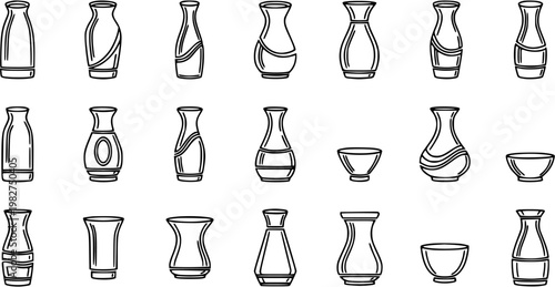 Japanese Sake Bottles and Cups Line Art Icons Collection - Traditional Asian Drinkware Vector Set