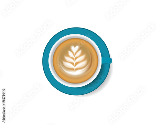 Latte art coffee. Top view coffee cup with rosetta pattern. Concept of drink, coffee shop, menu, work, barista.