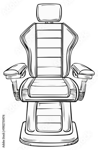 Black and white line art illustration of a vintage professional barber shop chair