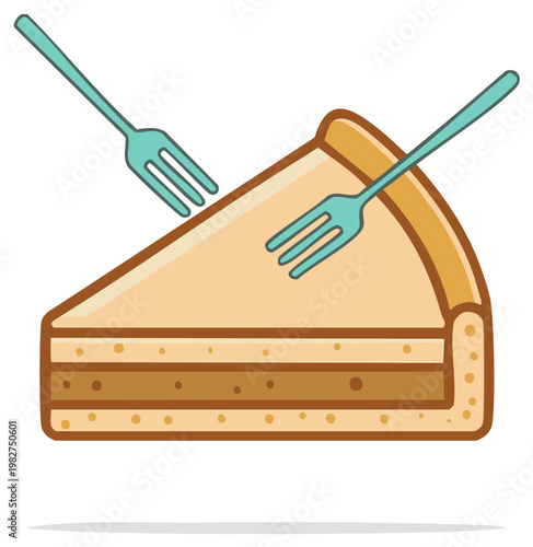 Two forks sharing a delicious slice of layered cake or pie. Vector icon of eating a sweet dessert.