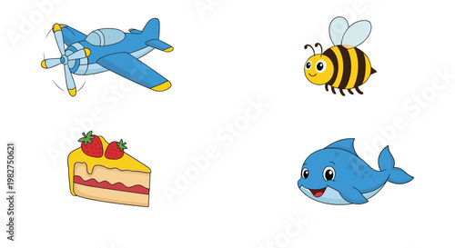 Collection of colorful cartoon illustrations including a blue airplane, a honeybee, a slice of strawberry cake, and a dolphin.