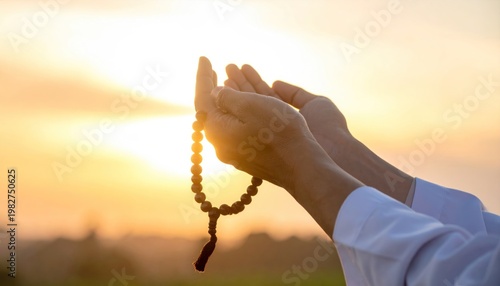 Hands holding prayer beads during sunset, symbolizing faith and devotion.