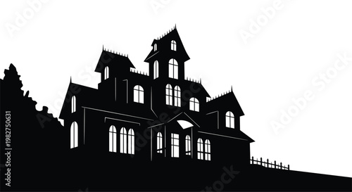 Dark silhouette of a grand victorian gothic mansion featuring multiple towers and lit windows against a stark white background.