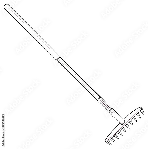 Hand drawn illustration of garden rake, gardening tools, equipment