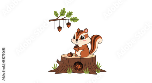Adorable cartoon chipmunk sitting on a tree stump holding an acorn with more nuts hanging from a branch and inside a hollow.