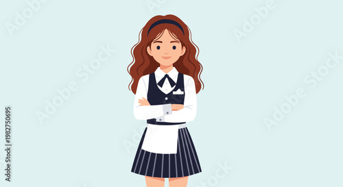 Illustration of a young woman with long wavy brown hair wearing a classic waitress or student uniform with a striped skirt.