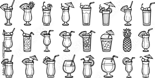 Tropical Cocktails and Summer Drinks Line Art Vector Set. Hand-drawn outline illustrations of various alcoholic beverages in different glasses, perfect for summer parties, bar menus, and events.
