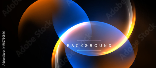 Abstract glowing shapes overlap, creating dynamic visual effect. Dark background emphasizes bright colors, modern design element.