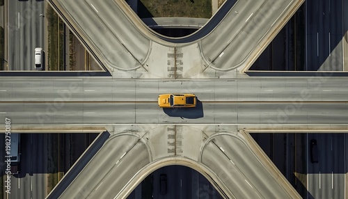 Overhead drone perspective capturing a solitary yellow taxi car on an intricate freeway junction, symbolizing urban connectivity and travel
