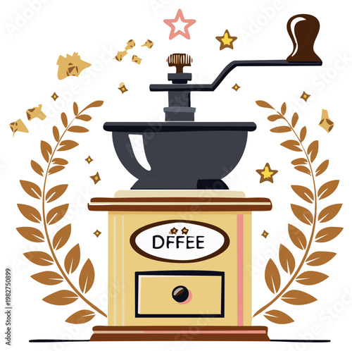 Illustrated coffee grinder with laurel wreath design, stars and decorative elements.