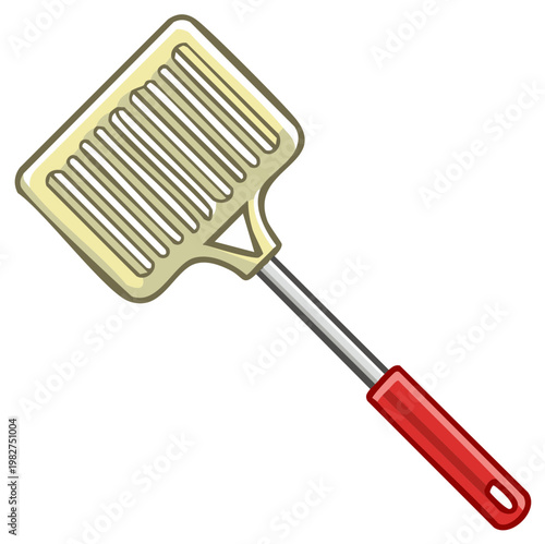 Slotted spatula with red handle, cartoon illustration of kitchen utensil for cooking and grilling